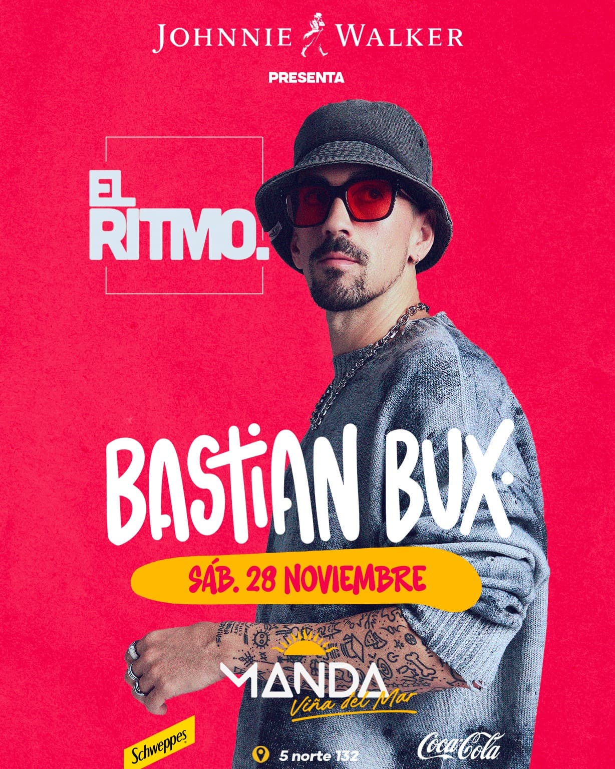 Flyer de EL RITMO / BASTIAN BUX / MANDA VIÑA 28.11